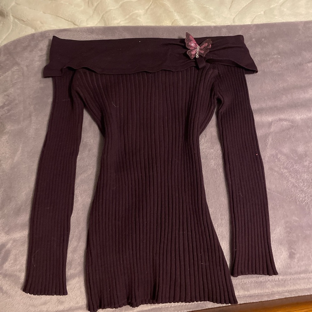 Purple Off-the-Shoulder Ribbed Knit Sweater